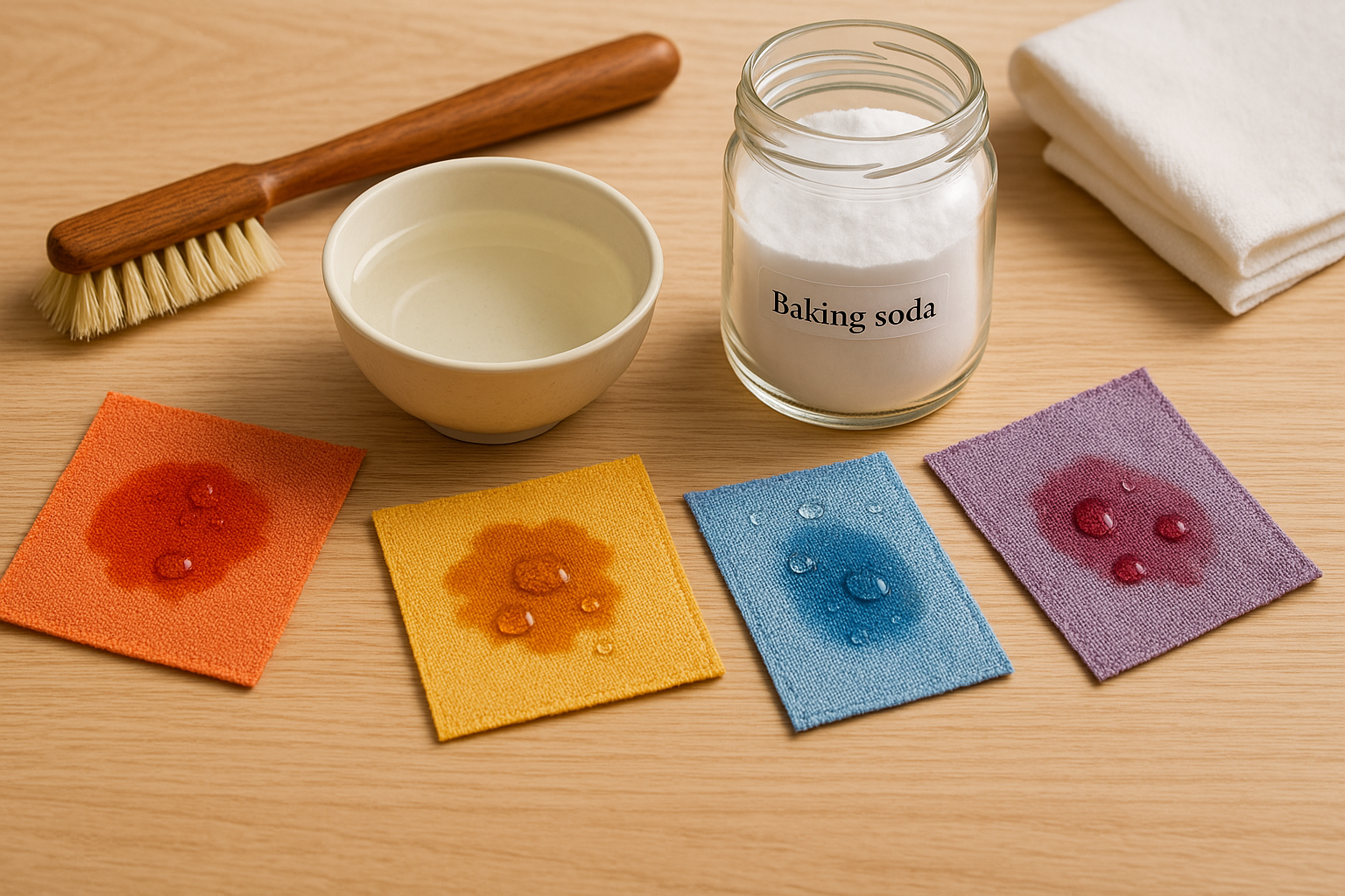 A wooden table is neatly arranged with colorful stained fabric swatches, a bowl of white vinegar, and a glass jar of baking soda, suggesting a homemade stain remover setup. Nearby, a clean cloth and delicate brush are ready for action, with droplets of water on the fabric indicating a hopeful approach to tackling tough stains.